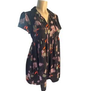 S UO Urban Outfitters Gray Floral Printed Mini Babydoll Dress Collar Tie Neck